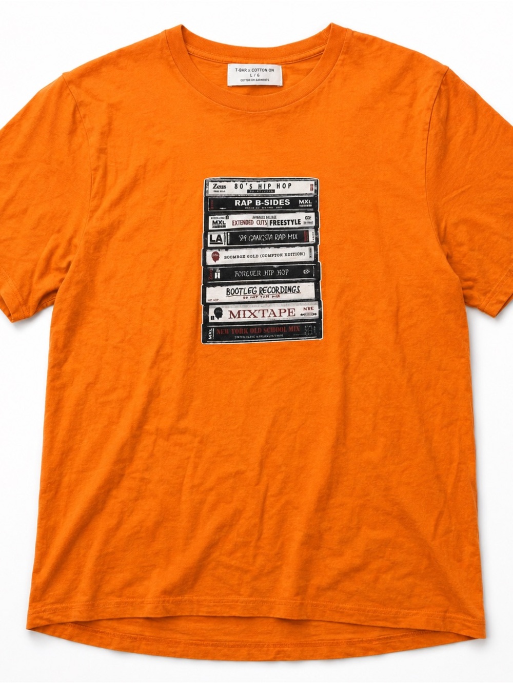 T-Bar x Cotton On Orange 80s Hip Hop Mixtape Graphic Tee L